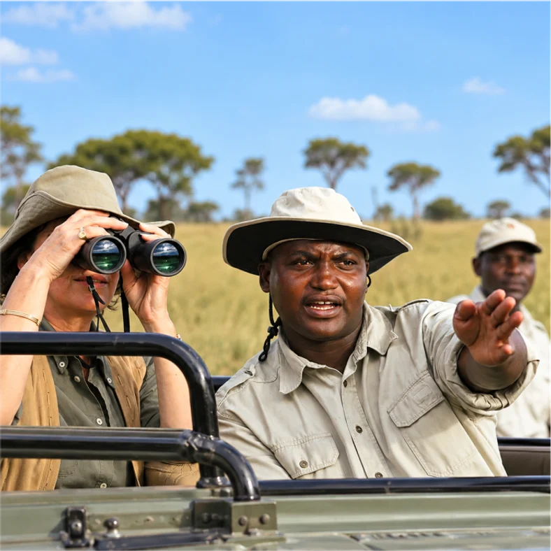 A guide leading visitors on a game drive
