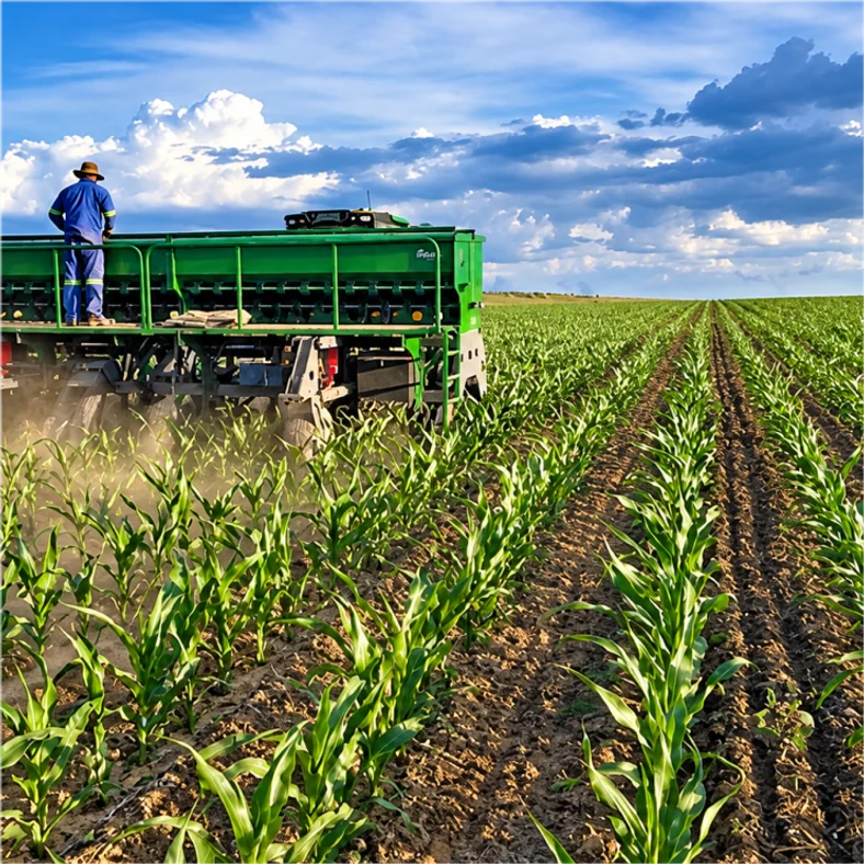 A tractor planting a maize field